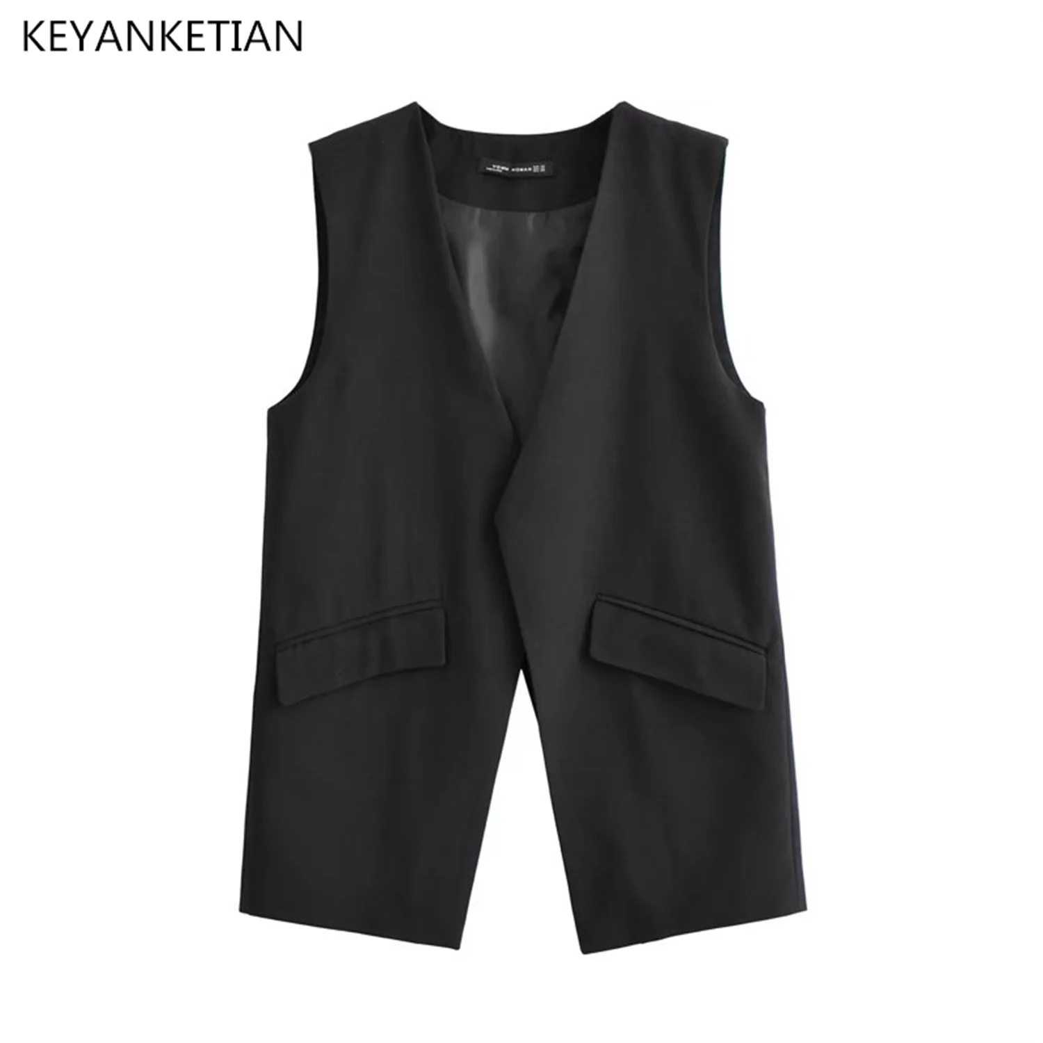 

Асимметричный облегающий черный костюм KEYANKETIAN, новый дизайн с разрезом сзади, жилет, Модный женский кардиган средней длины, пальто без рукавов, Топ