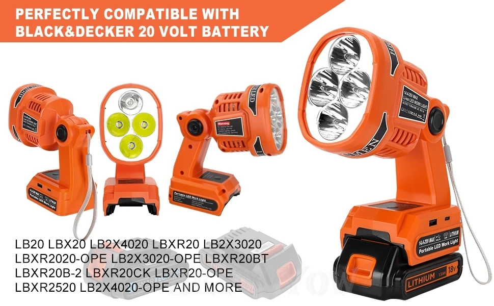 1120LM Cordless LED Flashlight for Black and Decker 20v Battery LED Work Light w