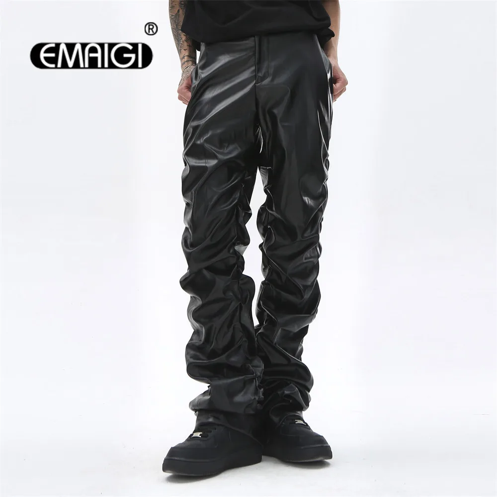 

Men Dark Punk Niche Design Pleated Leather Pants Male Streetwear Fashion Hio Hop Rock Loose Casual Motorcyclet Pants Trousers