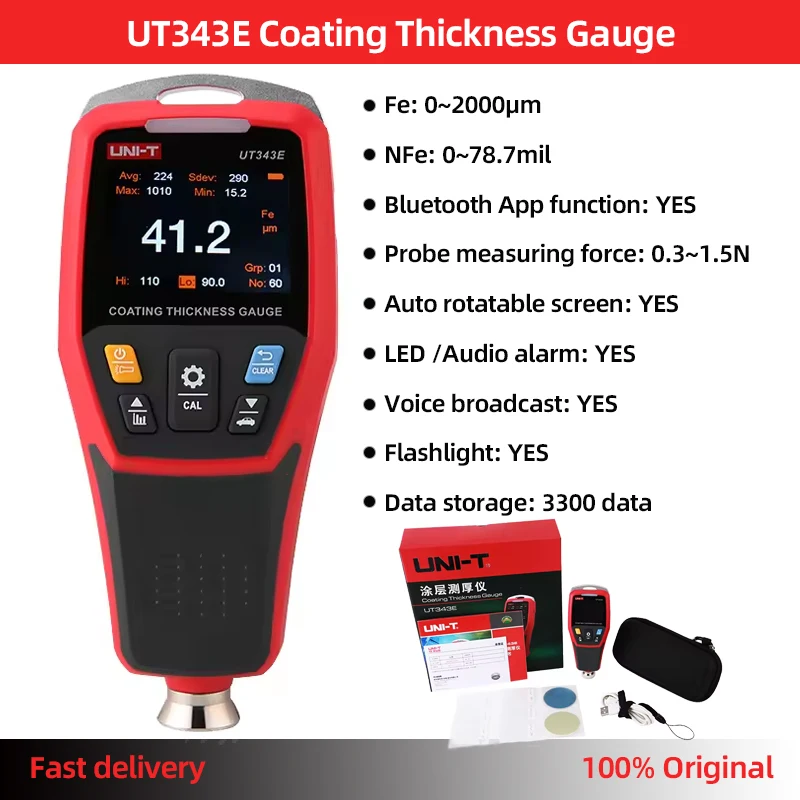 UNI-T Coating Thickness Gauge UT343A UT343D UT343E 0-2000&micro;m Car Film Paint Thickness Tester TFT Screen Display With Bluetooth