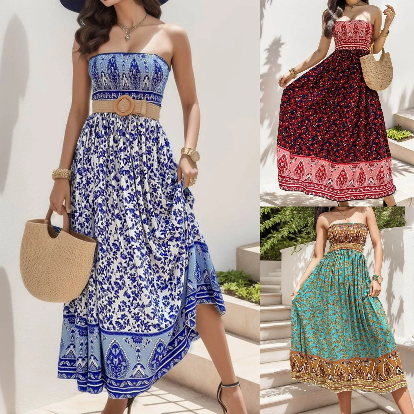 

Women's Summer Dresses Beach Cover Up Strapless Bohemian Floral Print Beach Women's Casual Dresses Cute Women's Summer Dresses