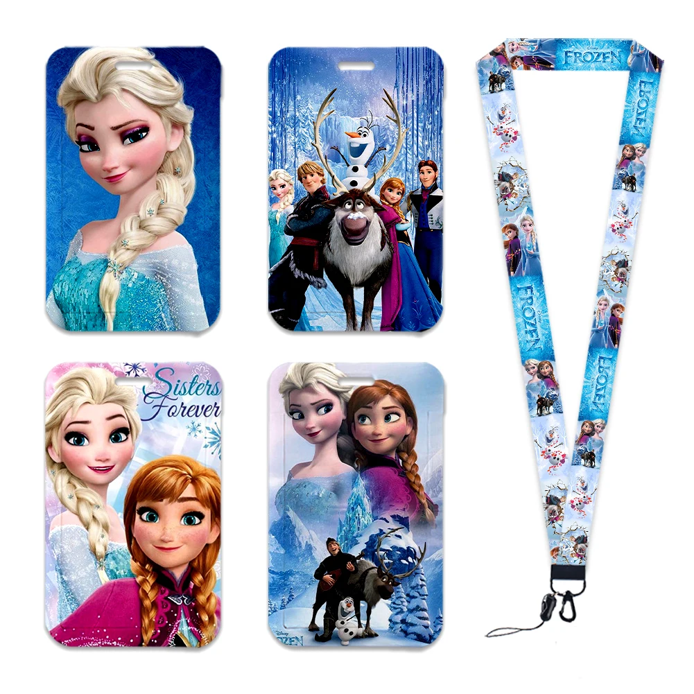 Card Case Holder Frozen 2 Elsa Anna Princess Olaf Cute Design Badge Holder ID Credit Card Pass Hang Rope Lanyard Accessories Gifts