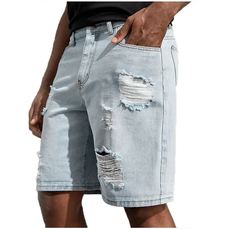 New Men's Korean-style Casual Ripped Denim Shorts, Street Handsome, Loose Straight-leg, Large-size Five-point Pants.