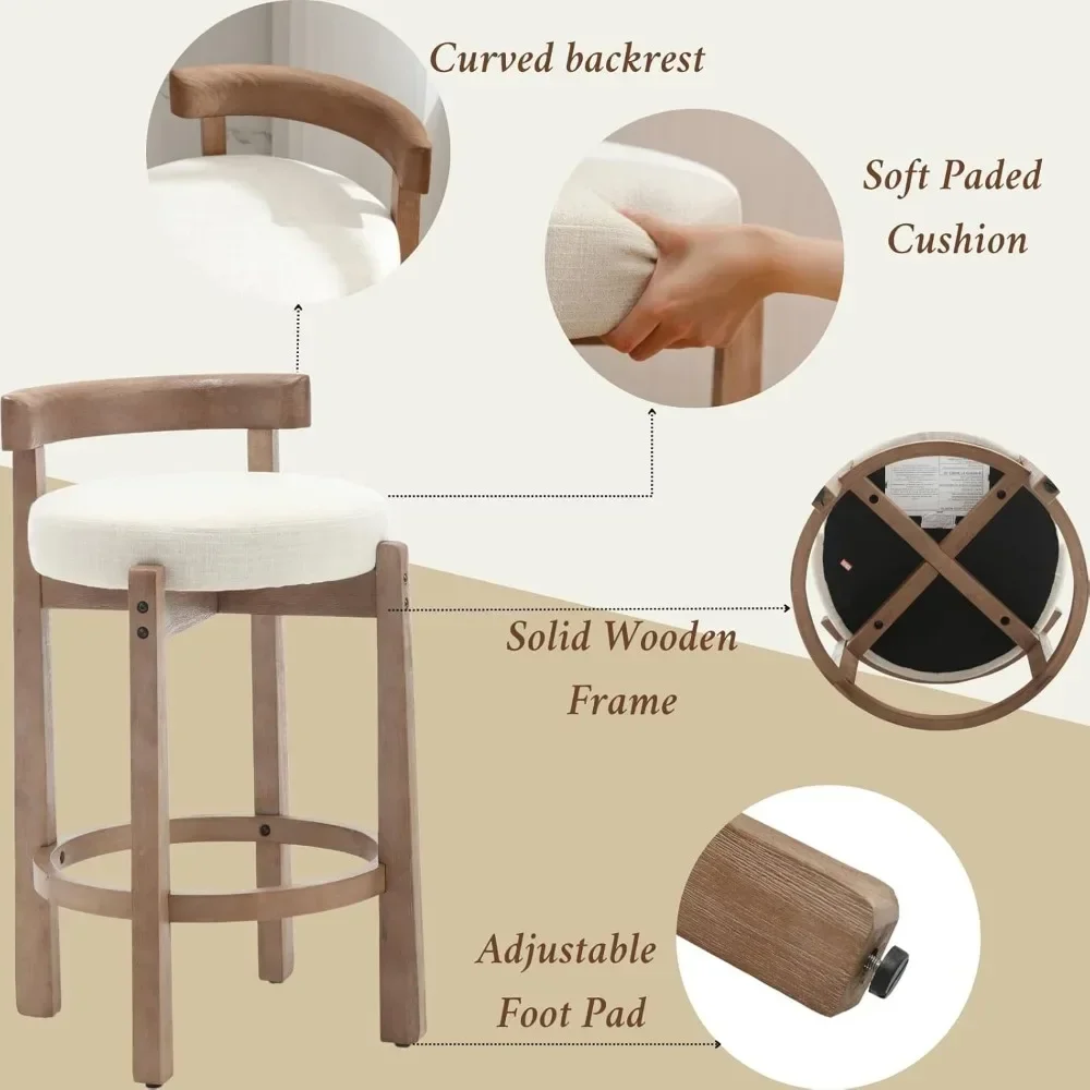 Mid-Century Bar Stools Set of 4, 26.5 Inch Linen Counter Height Upholstered Barstools Bar Chairs with Solid Wooden Legs for