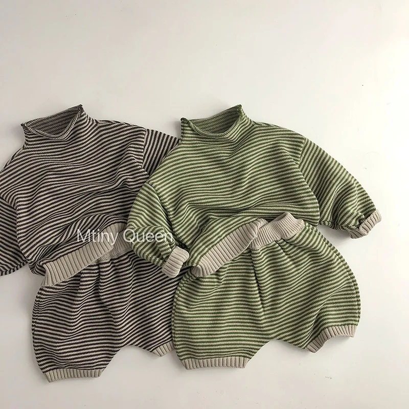 

Korean Spring Autumn Baby Boy 2PCS Sweater Set Cotton Striped Turtleneck Knitted Tops Elastic Waist Shorts Suit Kids Boy Outfits