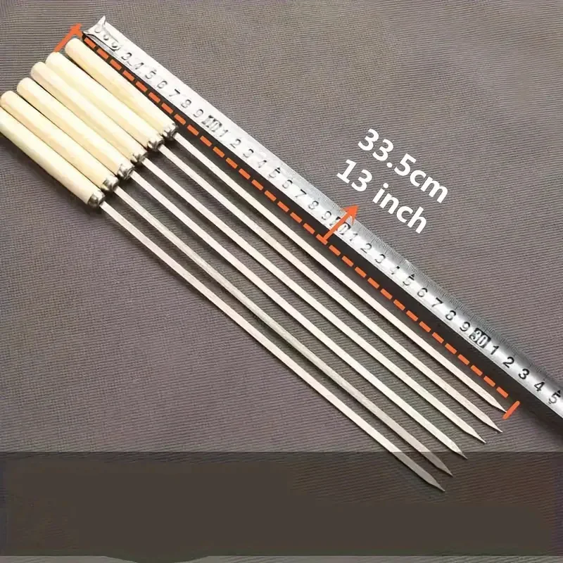 30pcs Wooden Handle Anti-Scalding Barbecue Skewers Can Be Reused 304 Stainless Steel Metal Barbecue Skewers Wide