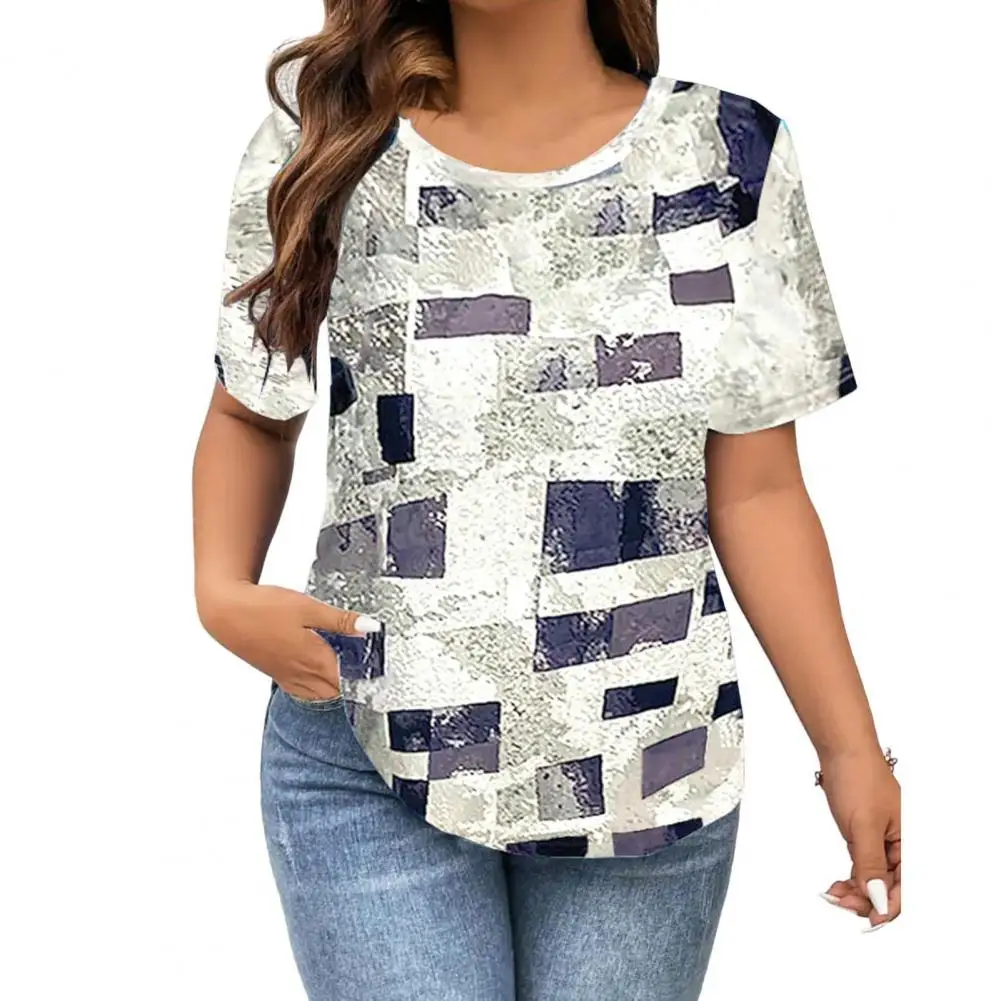 Women Summer Casual Shirt O-Neck Short Sleeve Loose Fit Shirt Square Printing Work Leisure Blouse Streetwear blue pink pregnancy summer cotton shirts short sleeve square collar lace patchwork fashion printing maternity tees woman blouses