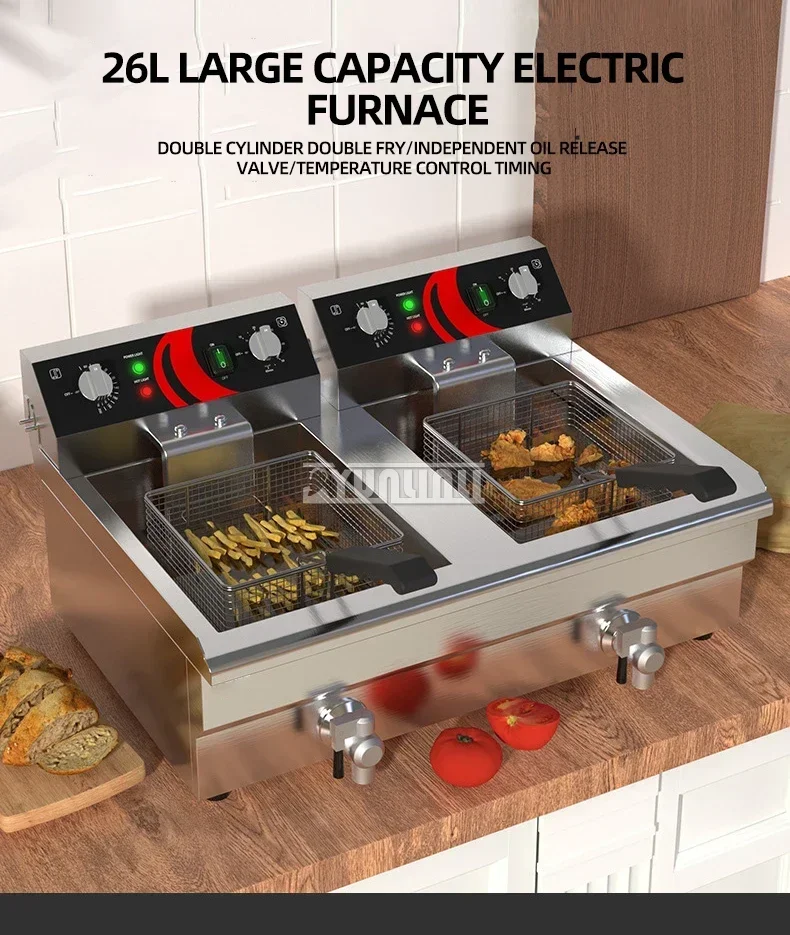 New 26L Electric Deep Fryers Commercial Electric Double Slot Deep Fryer Kitchen Equipment With Timing