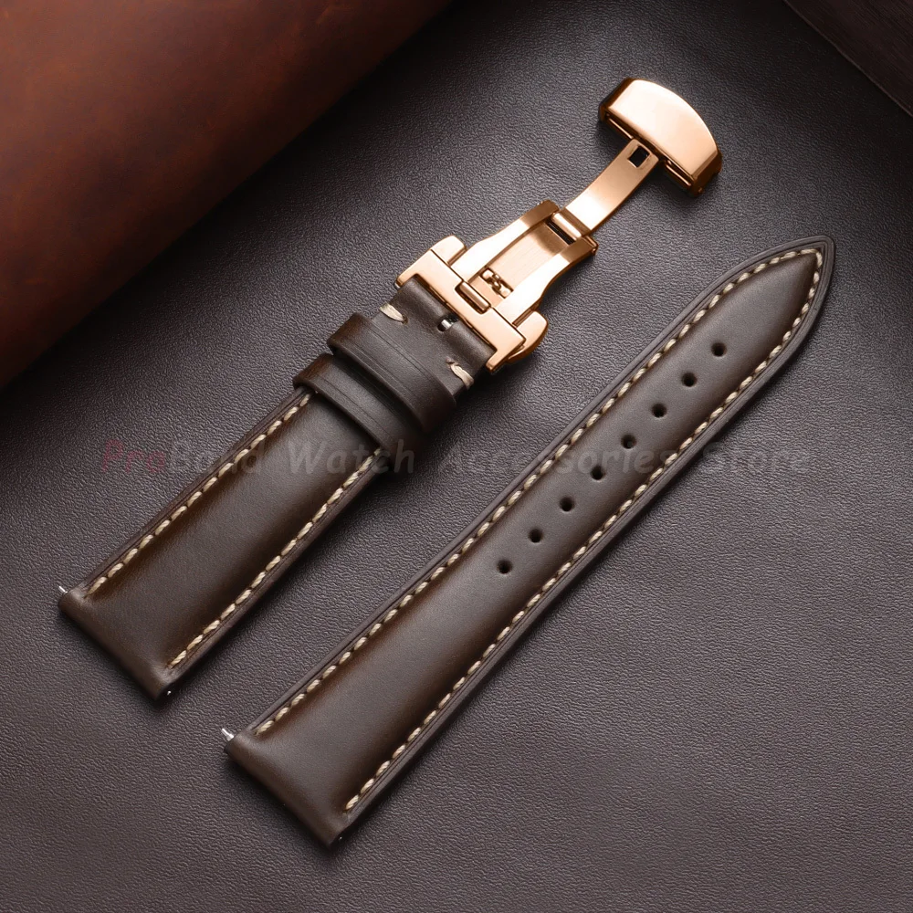 Vintage Brown Oil Wax Leather Watch Strap with Butterfly Buckle - Men's Accessory