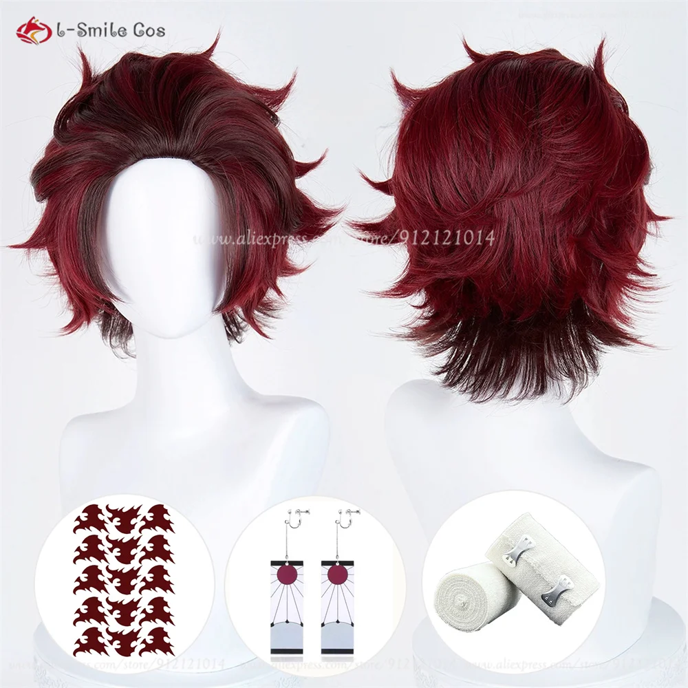Kamado Tanjirou Cosplay Perücke 32cm Rotbraun Synthetik Hitzebeständig Halloween 2