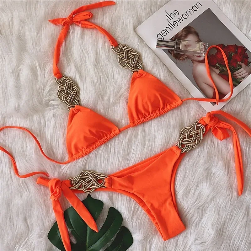 Sexy Handmade Knitted Ribbon Bikini Sets Women's Solid Colour Separates Swimwear Female NeckHanging Lace-up Swimsuit Beach Wear