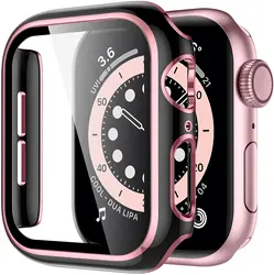 Premium Tempered Glass Screen Protector with Case for Apple Watch Accessories (Black pink)