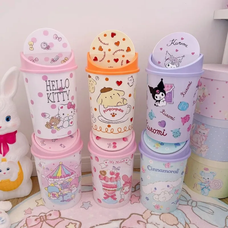 

New Hello Kitty Kuromi Cinnamoroll Cartoon Cute Trash Can with Lid Creative Kawaii Plastic Garbage Basket Paper Basket Wholesale