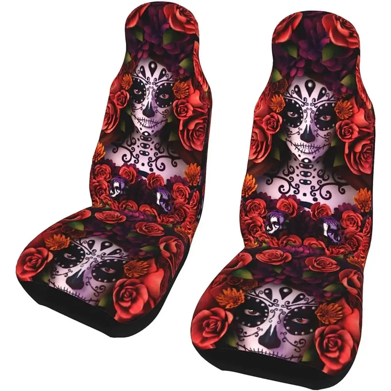 

Sugar Skulls and Roses Day of Dead Halloween Seat Seats Car Mat Covers Set of 2 Auto Accessories Interior Protector