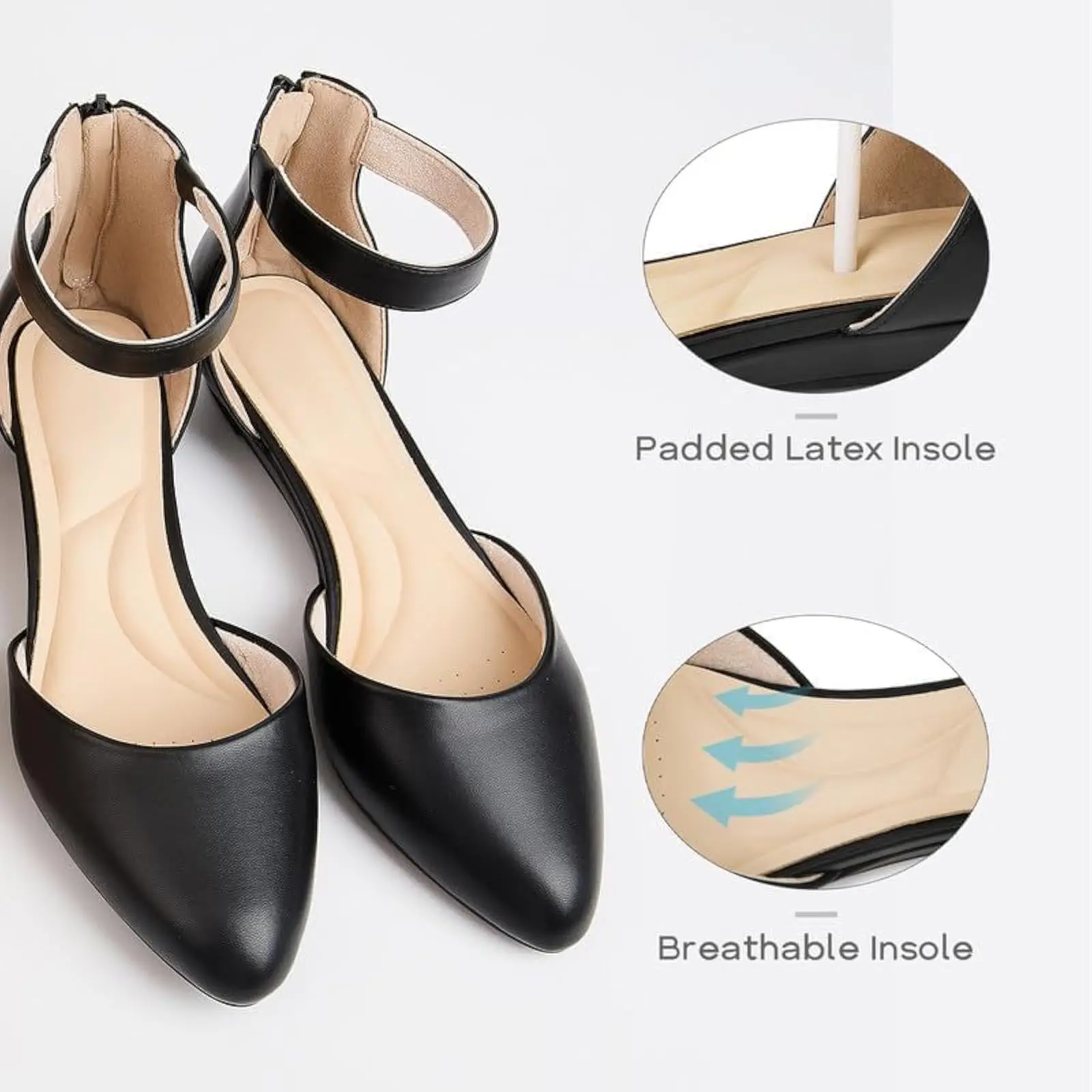 Comfortable Low Wedge Shoes: Women's Ankle Strap Flats with Pointed Toe and Back Zipper – Ideal for Work, Office, and Dressy Eve 3