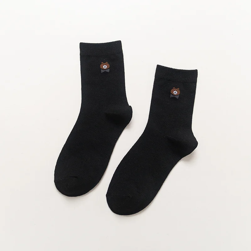 5 Pairs Women's Little Bear Socks Mid Length Socks Ins Trendy Cute Solid Color Four Seasons Casual Socks
