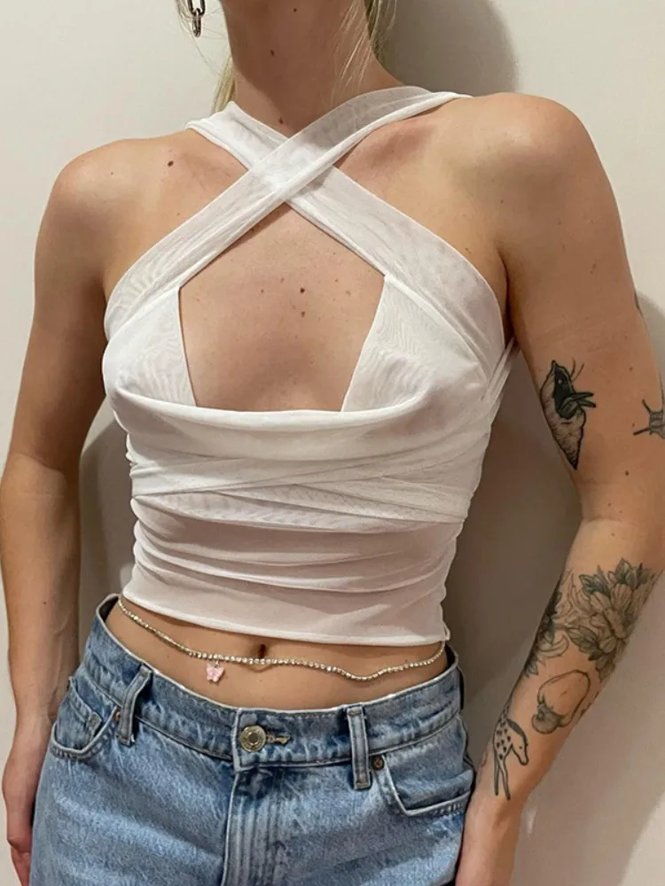 

Summer Mesh Halter Tank Top Sexy See Through Y2k Clothes Solid Backless Hot Tops for Women Sleeveless Streetwear Ropa De Mujer