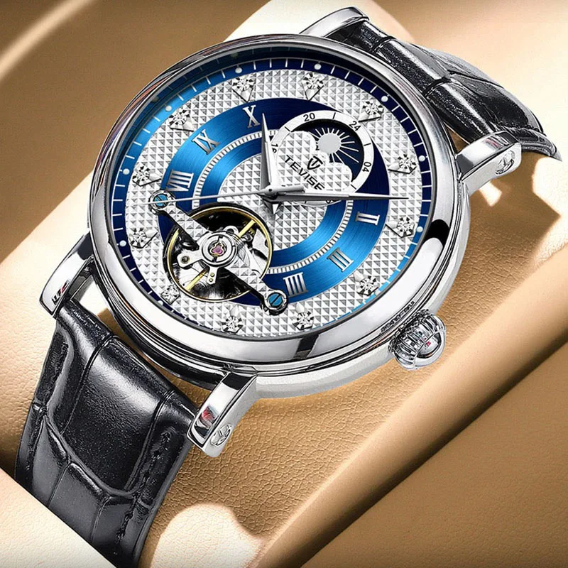 Orologi meccanici da uomo di lusso in pelle fasi lunari Tourbillon automatico orologio luminoso uomo orologio impermeabile Relogio Masculino  1511