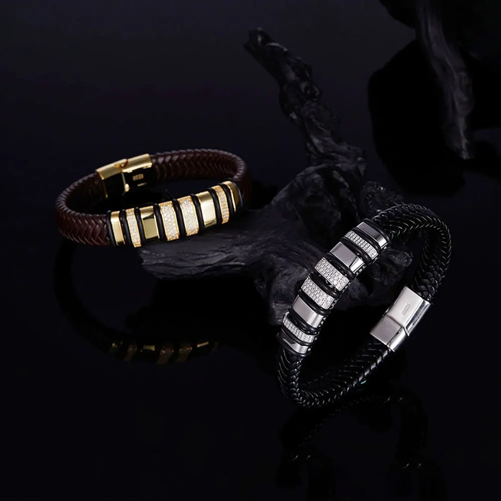 Luxury Cuban Bracelet - 8mm Leather  18k Gold Plated Sterling Silver with Lab-Grown Zircon Diamond for Men