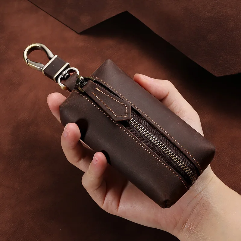 

Vintage Key Holder Wallet Men Keychain Cow Leather Key Organizer Zipper Buckle Key Bag