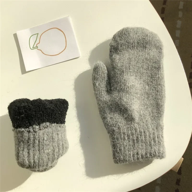 Double-layer Rabbit Hair Gloves Women Winter Korean Solid Color All Fingers Girls Mittens full finger gloves,warm gloves