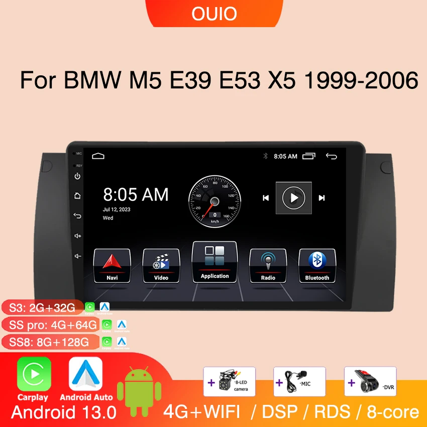 

Android 13 Radio For BWM Serie 5 E39 E53 X5 1996-2004 Car stereo Multimedia Player Carplay Auto GPS navigation 2DIN DSP NO DVD