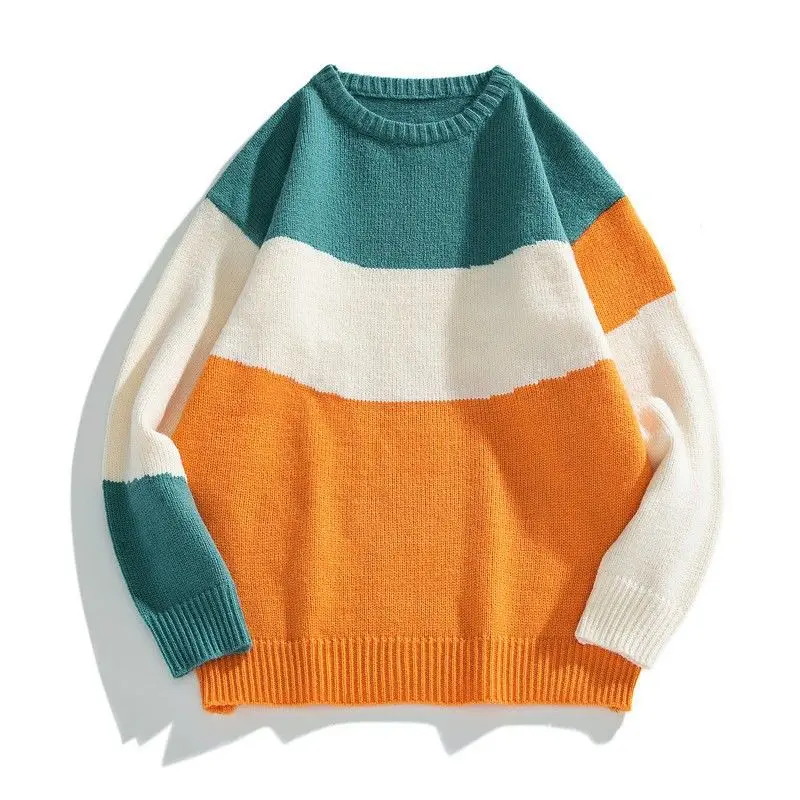 Fall Winter Men's Fashion Loose Three-Color Splicing Sweater Round Neck Pullover Knit Sweater Solid Color Casual Tops