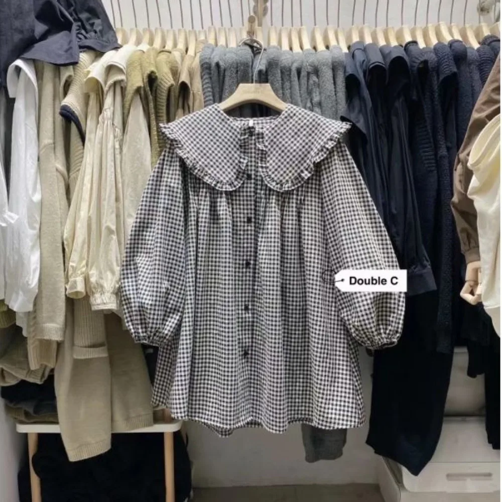 

Рубашка Женская Весенняя в клетку, универсальная Свободная блузка с круглым воротником и оборками, милый Swwet Tender, в японском стиле для колледжа