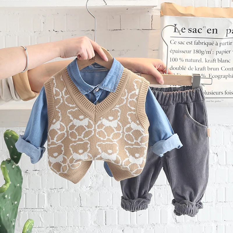 

Toddler Boys Clothing Sets 2022 Spring Autumn Children Casual Clothes Cartoon Knitted Vest Denim Shirt Pants Baby Kids Outfits