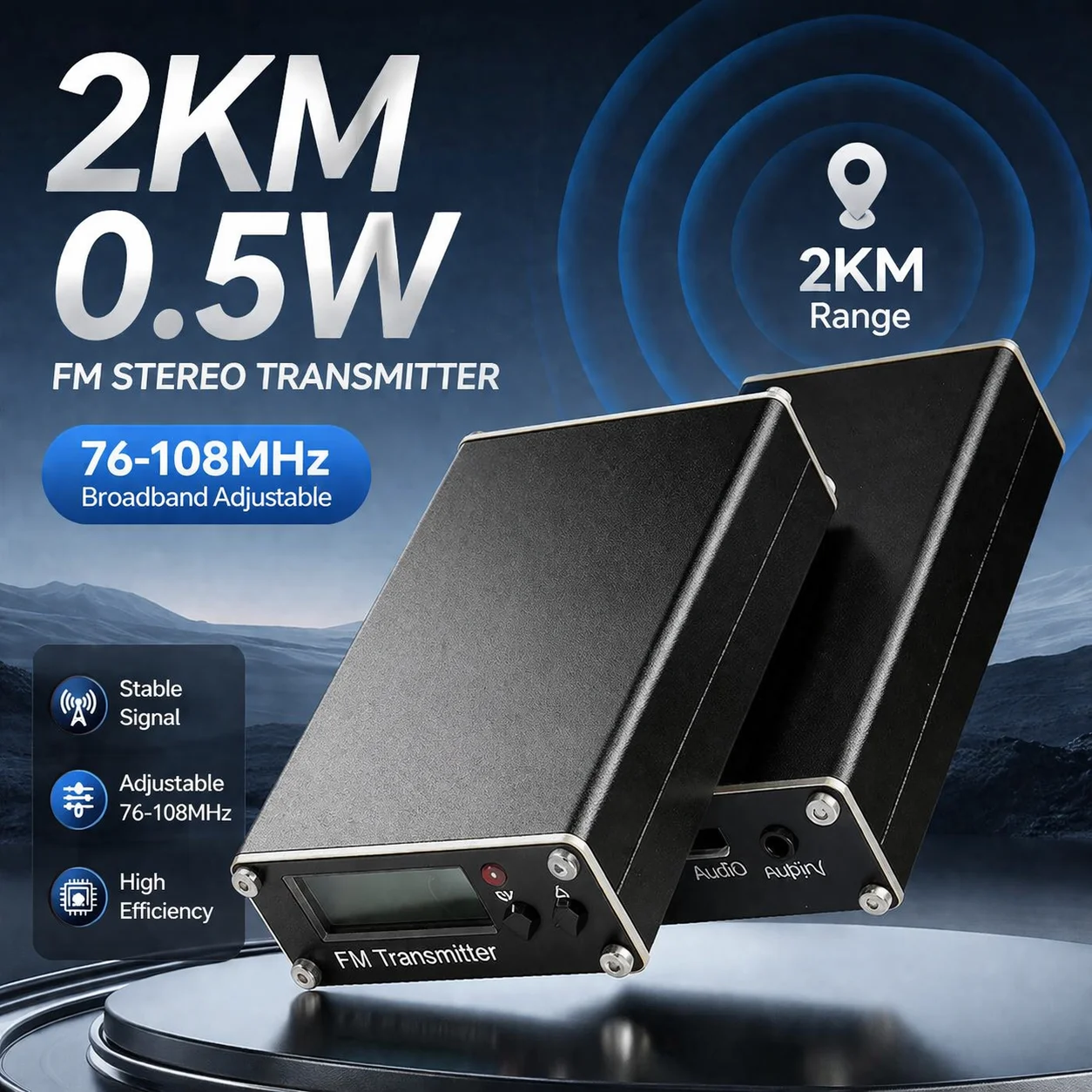 High-Performance FM Transmitter with LCD Display and USB-C Connectivity for Wireless Audio Broadcast
