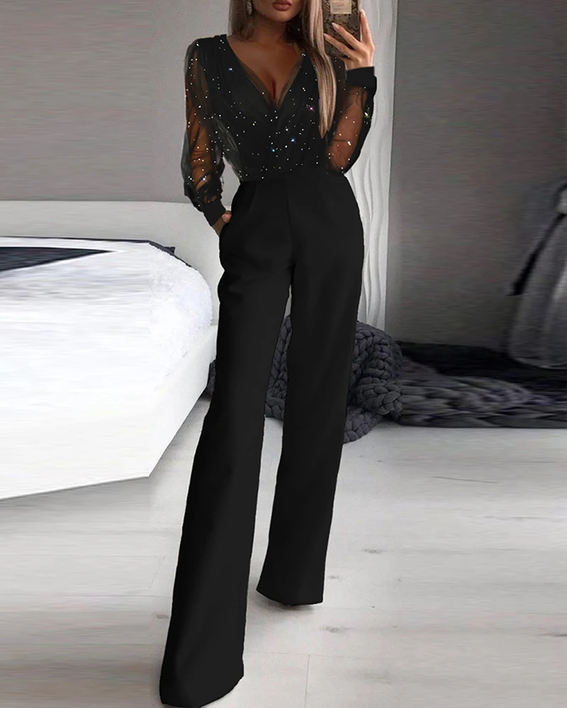Woman V Neck Wide Leg Pants Playsuit Sequin See Through Mesh Romper High Waist Fashion Long Sleeve Spring Autumn Office Jumpsuit 2023 new fashion women europe and america sexy v neck plunging neck contrast mesh sequin long pant slim jumpsuit