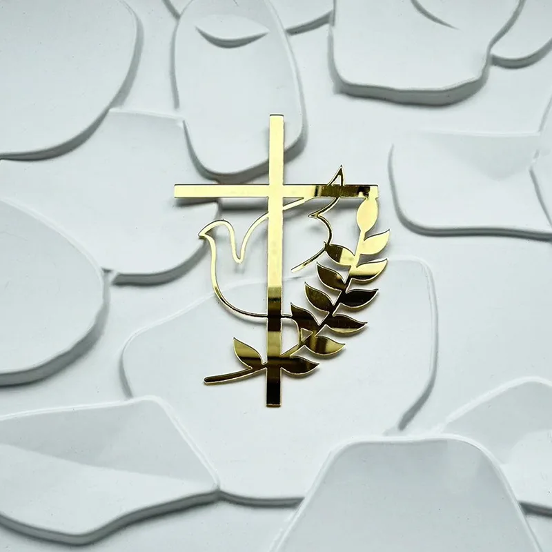 Elegant Gold Acrylic Dove Cross Cake Topper for Religious Celebrations