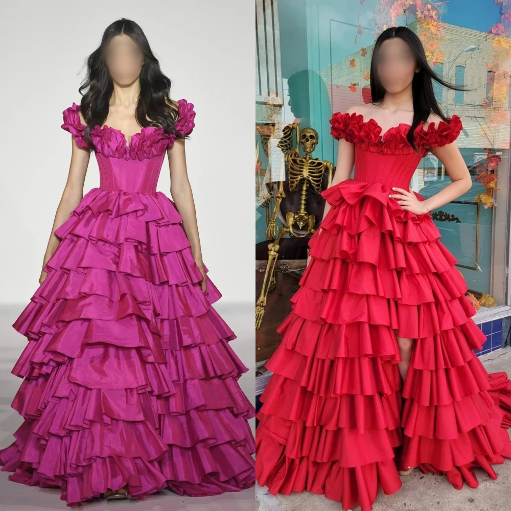Ruffle Taffetà Prom Dress 2 K24 Off-Spalla Fucsia Lady Preteen Pageant Gown Formal Evening Cocktail Party Wedding Guest Fessura
