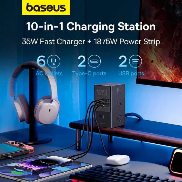 Baseus 35W Fast Charger Digital Power Strip 7-in-1 Charging Station 4000W Rated Power Digital Display For iPhone 15 14 Pro Max 2