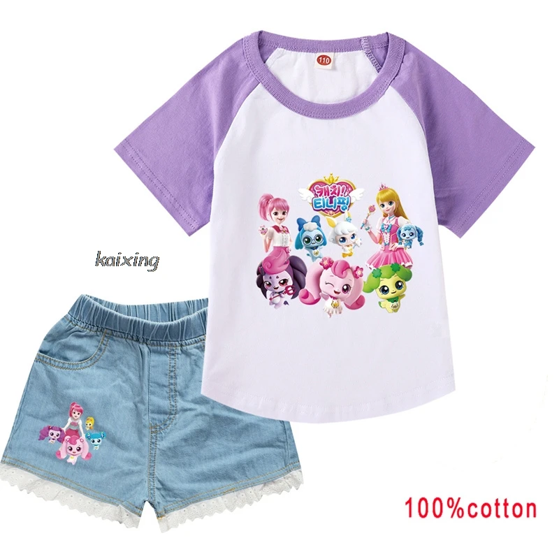 Lovely Catch Teenieping Children Outfits Summer Suits Jeans Shorts+Short Sleeve Tee Sweatshirt Clothes Teens Girl Tracksuit Sets 4