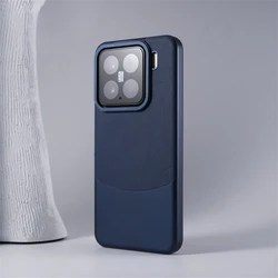 Luxury Hit Color Anti - Slip PU Leather Business Case with Metal Lens Bumper - Slim Shockproof Cover - Xiaomi 14 Pro (Blue PJPW)