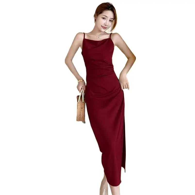 

Solid 2024 Retro Robe Fashion Dress Chic Stylish Long Party Dresses Sexy High Slit Spaghetti Strap Dress Female Holiday Vestidos