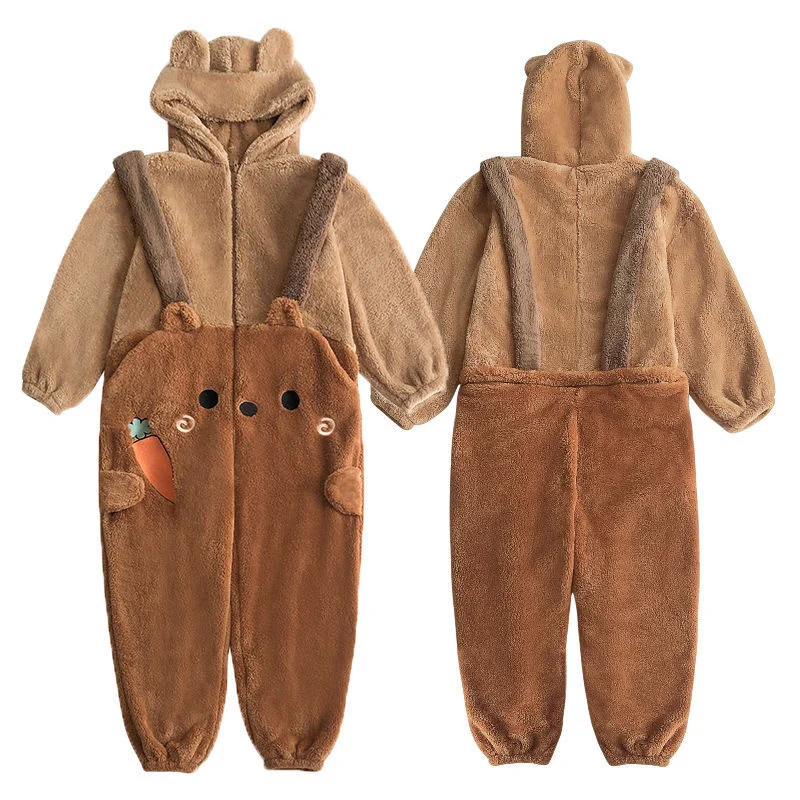 Flannel Hooded Thermal Ankle-length Jumpsuit Adults Cosplay Cartoon Bear Animal One-piece Nightwear Women Loungewear Sleepwear