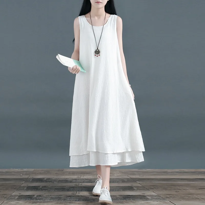2024 New Arrival Thin Light Sleeveless Loose White Summer Tank Dress Fashion Women Holiday Style Beach Casual Long Dresses