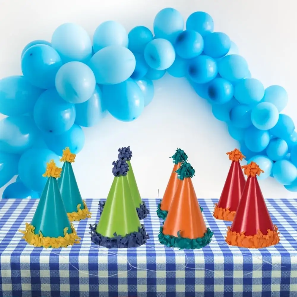 Vibrant Pom Pom Mini Party Hats (Pack of 8) - 4.25" - Multicolor Paper Cones - Perfect for Kids' Birthdays, New Year & Themed