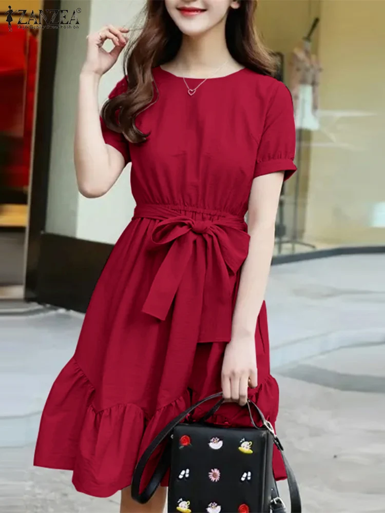 

ZANZEA Summer Bohemian Short Sleeve OL Work Ruffles Hem Dress Women Elegant Sundress Casual Belted Party Knee-length Vestido