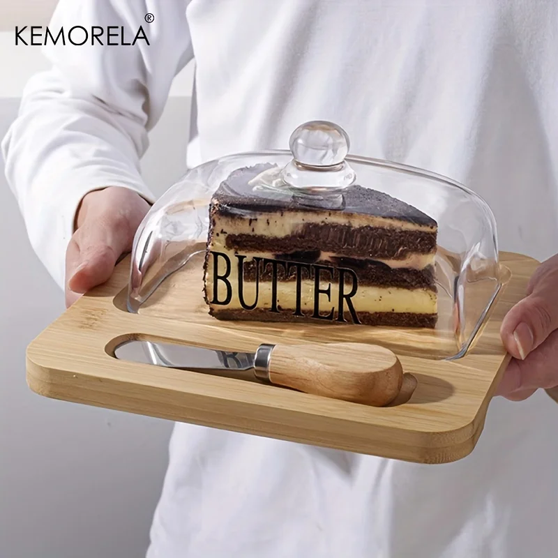 KEMORELA Wood Butter Dish Glass Lid Knife Cheese Cake Dessert Storage Plate Countertop Dish Butter Cheese Container