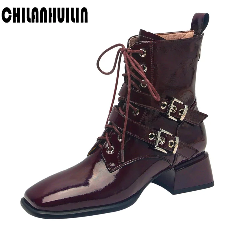 

gothic buckle strap ankle boots women patent leather black block chunky heels ultra high heels platform motorcycle boots