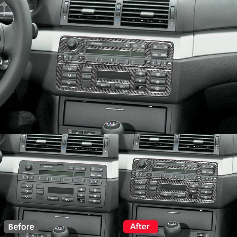 BMW 3 시리즈 E46 1999-2004 액세서리 탄소 섬유 자동차 중앙 제어 에어컨 CD 버튼 패널 트림 커버 스티커