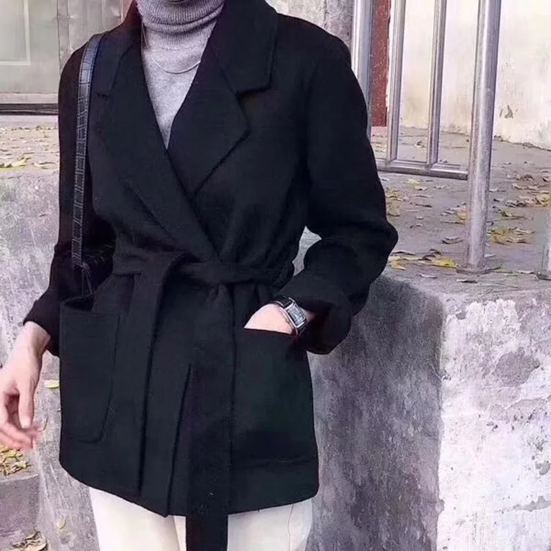 

Spring new double-sided cashmere coat women high quality wool coat tweed women's coat belt women's wear