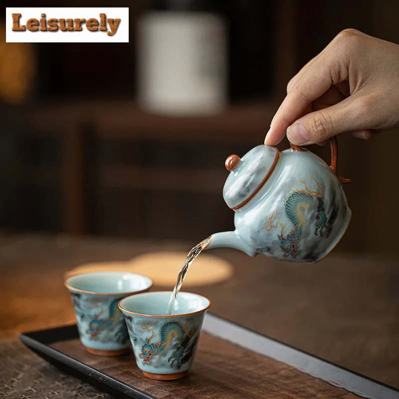 Azure Ru Kiln Propitious Dragon Tea Set Complete Set Elegant Tea Ceremony Set Teapot And Tea Cup Set Tea Services Decoration