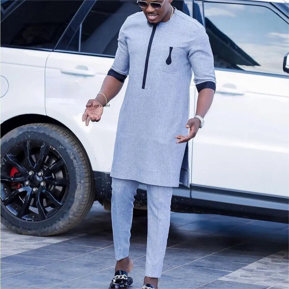 2024 New Suit Men's Two-piece Pants and Shirt Round Neck Stitching Solid Color Short Sleeve Suit Festival African Ethnic Style