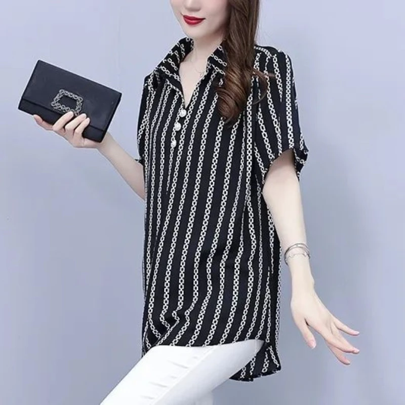 Temperament Fashion Summer Chiffon Shirts Women's Polo-Neck Striped Button Printing Simplicity Mid-length Loose Short Sleeve Top
