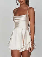 Women Solid Color Cami Playsuits Backless Women Sexy Spaghetti Strap Sleeveless Halter Shorts Jumpsuit Ruffle Romper Clubwear 1