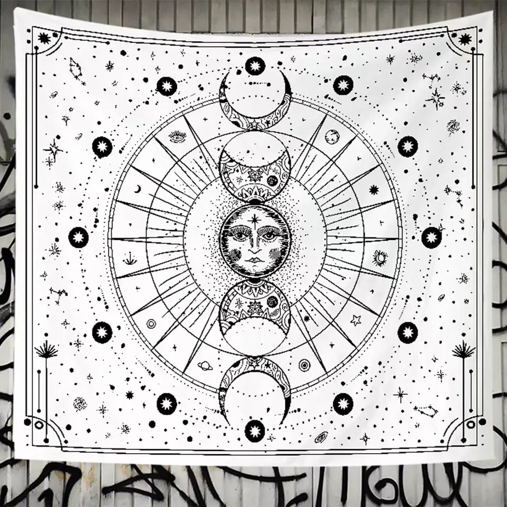 Psychedelic Sun And Moon Constellation Tapestry Bedroom Decoration Black And White Pattern Wall Hanging 1 Piece Of 75x58CM tapestry decor
